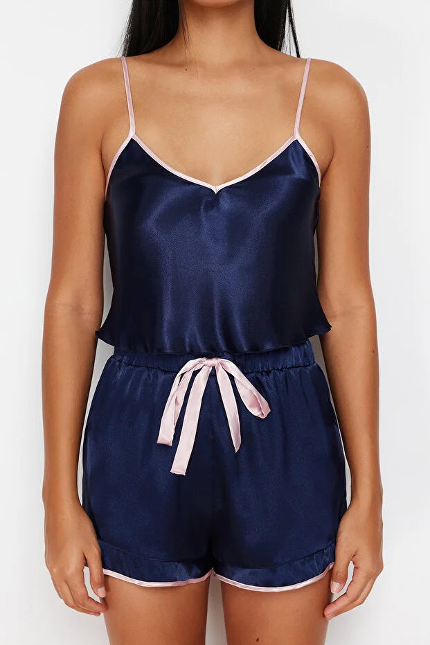 Navy Blue Piping & Ribbon Satin