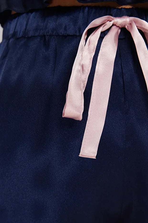 Navy Blue Piping & Ribbon Satin