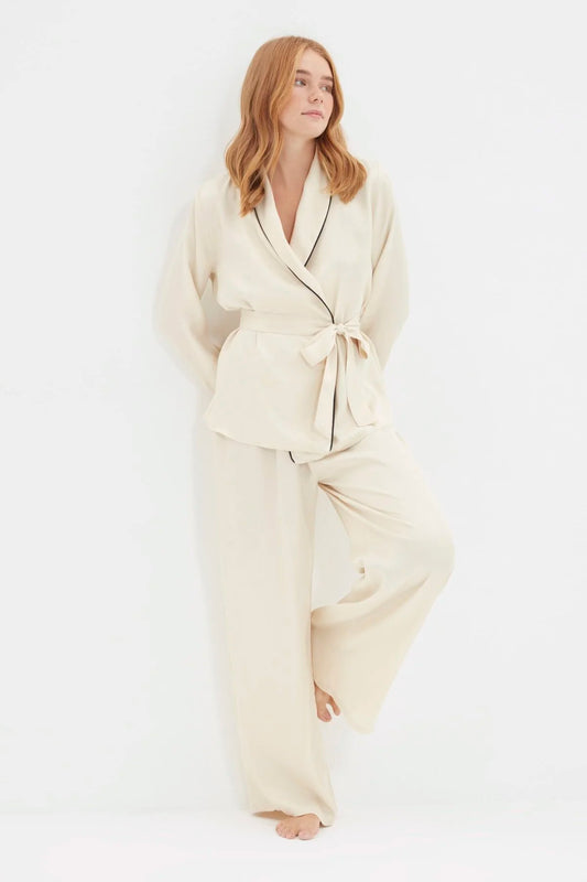 Beige Belted  Pajamas Set
