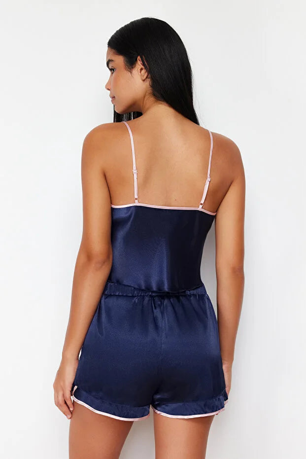 Navy Blue Piping & Ribbon Satin