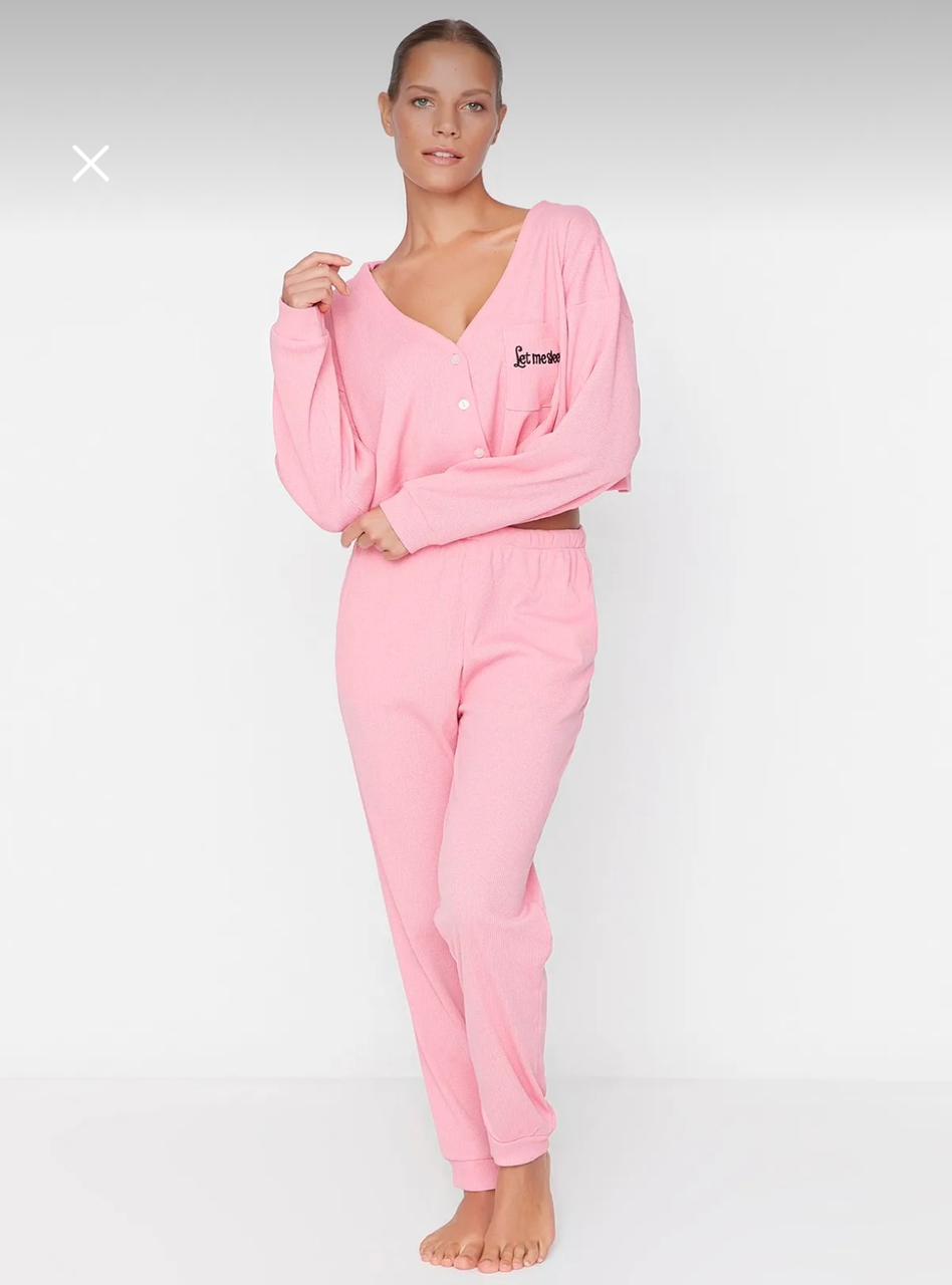 Pink Ribbed Cotton Pajama Set