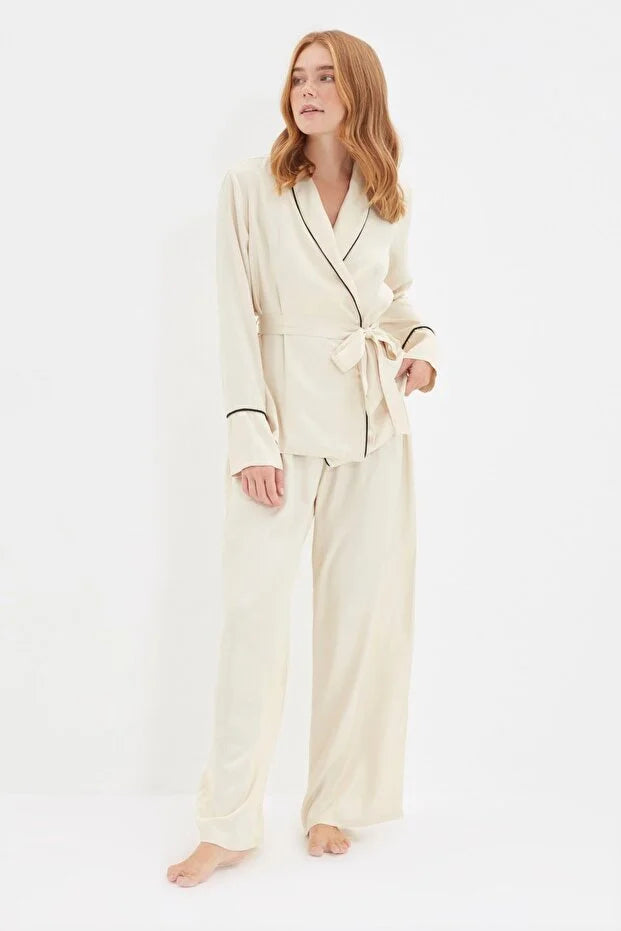 Beige Belted  Pajamas Set