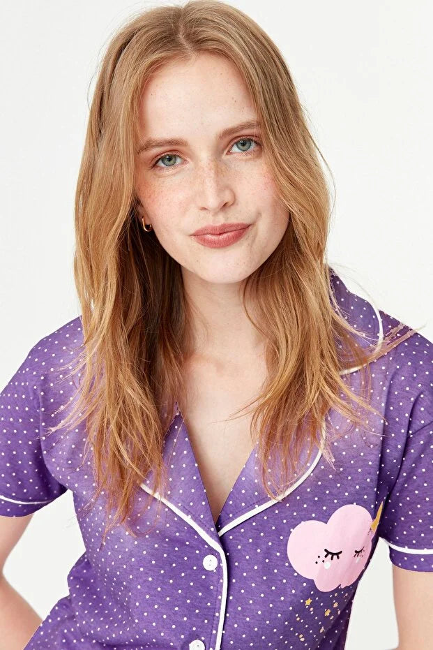Lilac Printed Shirt-Pants Knitted Pajamas Set
