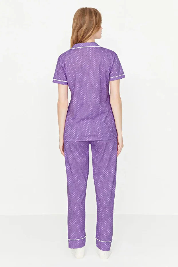 Lilac Printed Shirt-Pants Knitted Pajamas Set