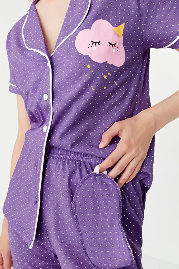 Lilac Printed Shirt-Pants Knitted Pajamas Set