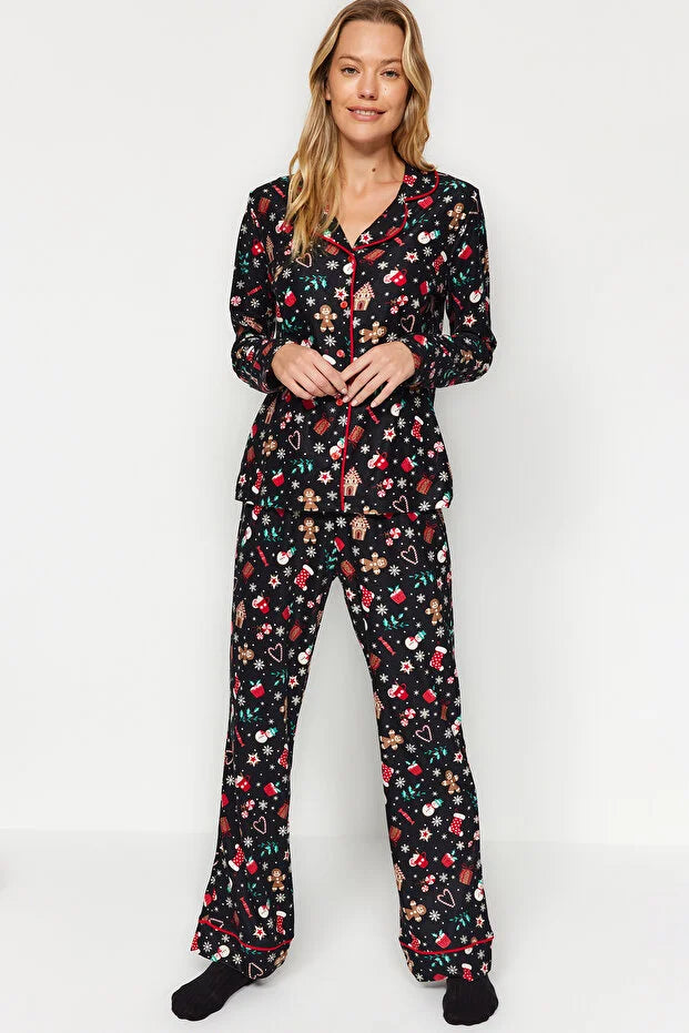Themed Black Piping Pajama Set