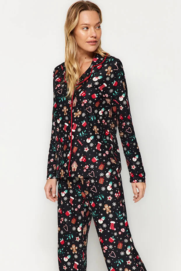 Themed Black Piping Pajama Set