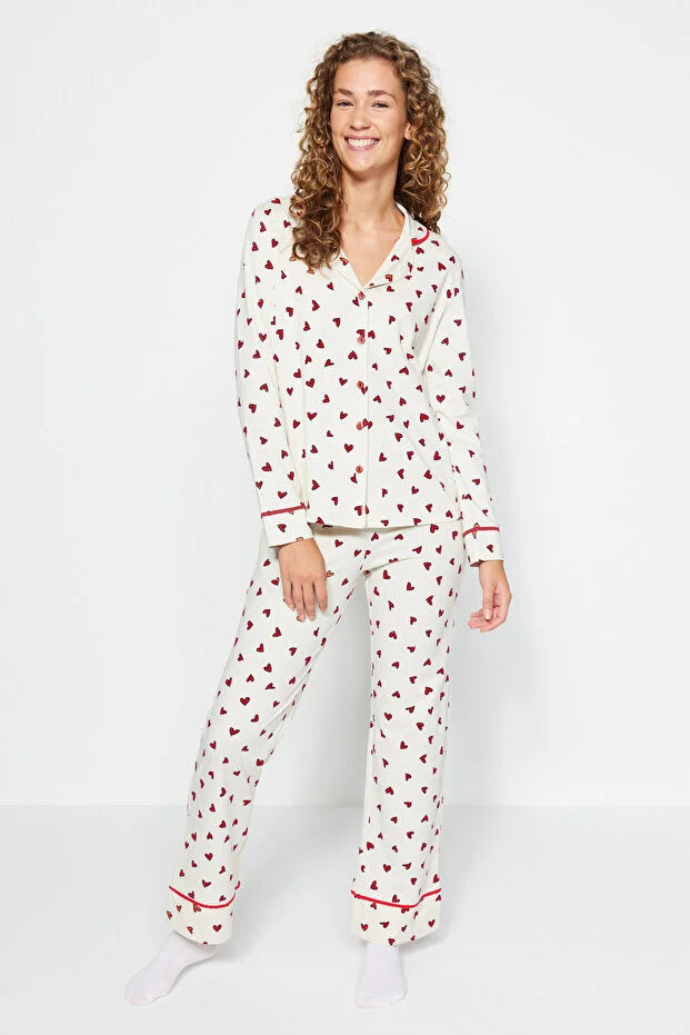 Beige Knitted Pajama Set with Heart