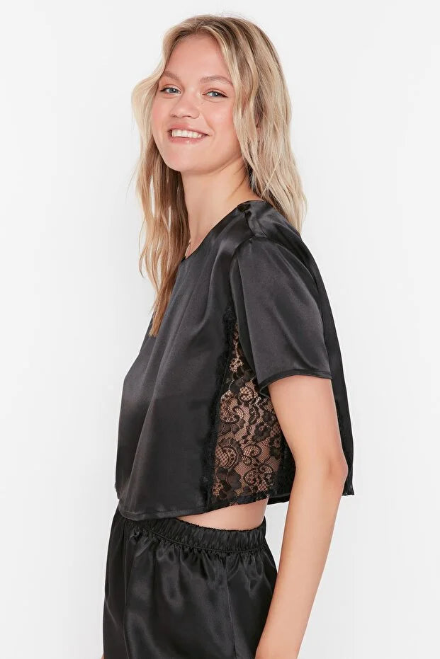 Black Lace Satin Woven Pajamas Set