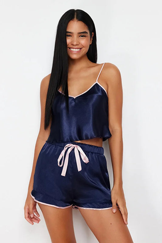 Navy Blue Piping & Ribbon Satin