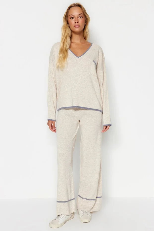 Beige Loose Fit Knit Top and Bottom Set