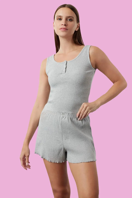 Grey Ribbed Cotton Pajama Set