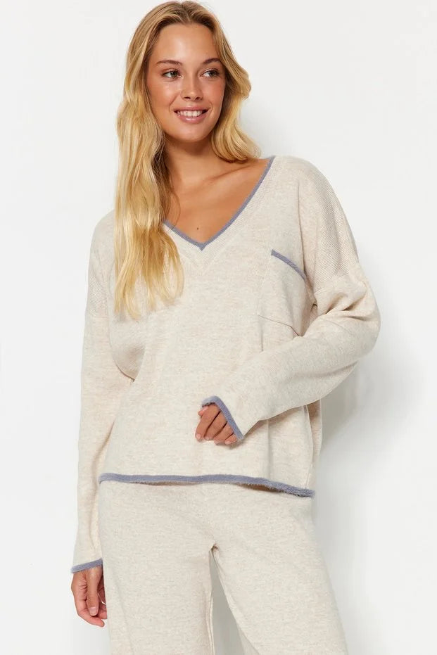 Beige Loose Fit Knit Top and Bottom Set