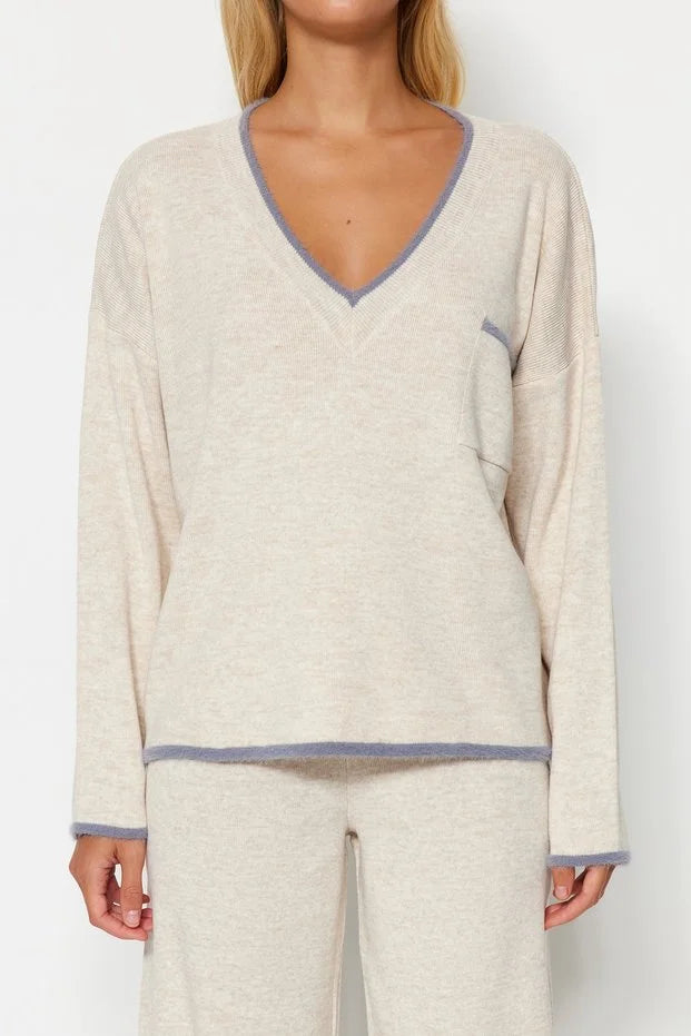 Beige Loose Fit Knit Top and Bottom Set