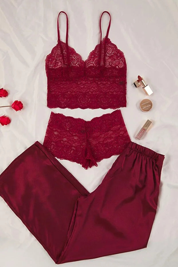 Burgundy 3-Piece Dowry Set Top Lace