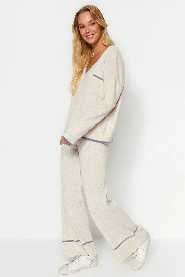 Beige Loose Fit Knit Top and Bottom Set