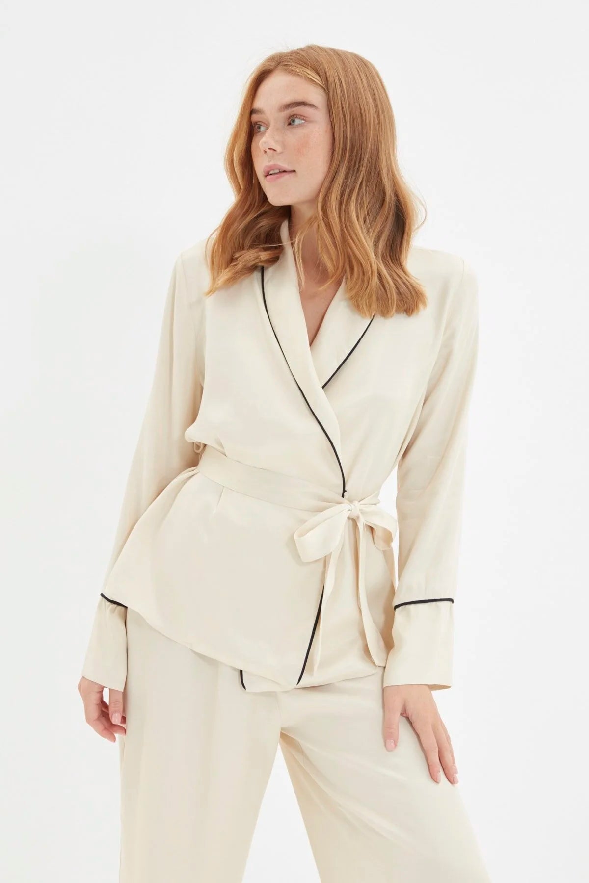 Beige Belted  Pajamas Set