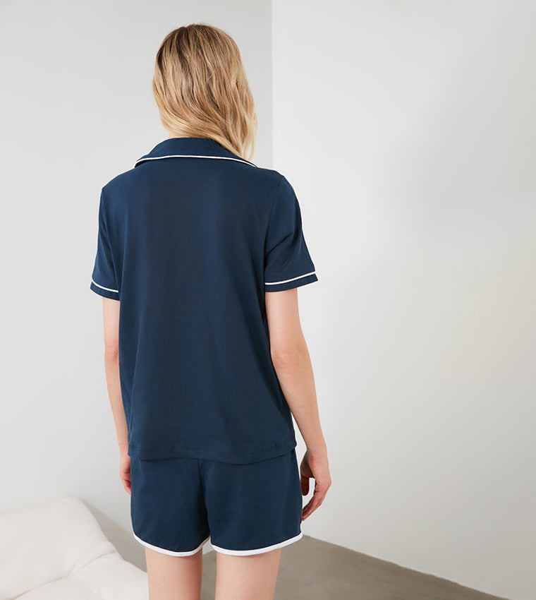 Navy Blue 100% Cotton Piping Detail
