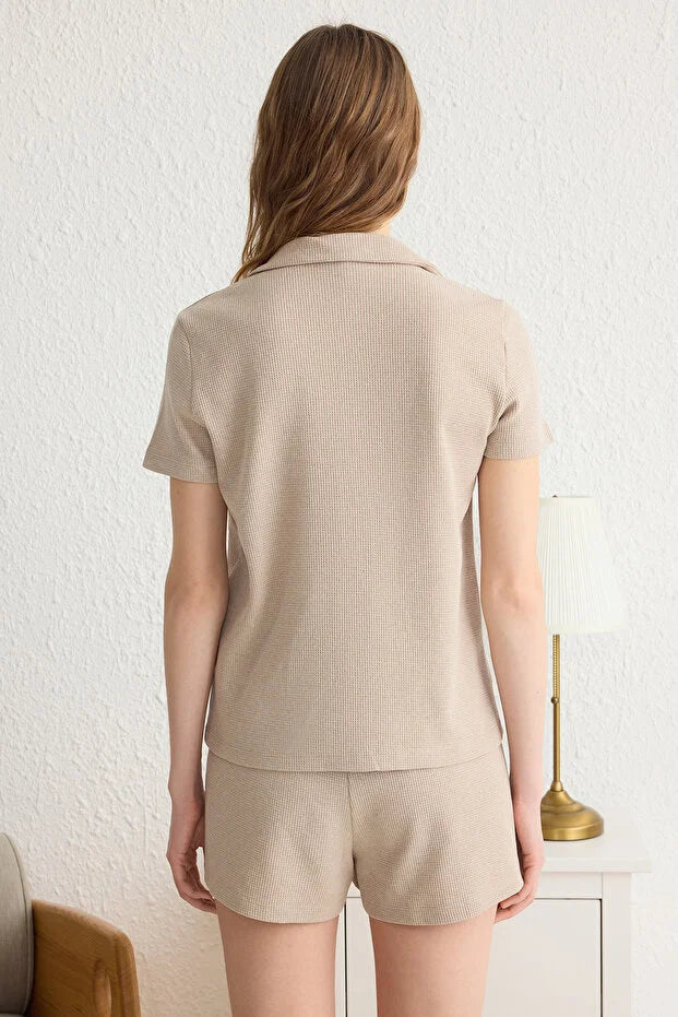 Beige Ribbon/Bow Detail Waffle Fabric