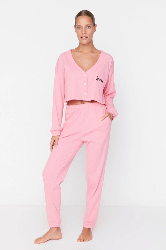 Pink Ribbed Cotton Pajama Set