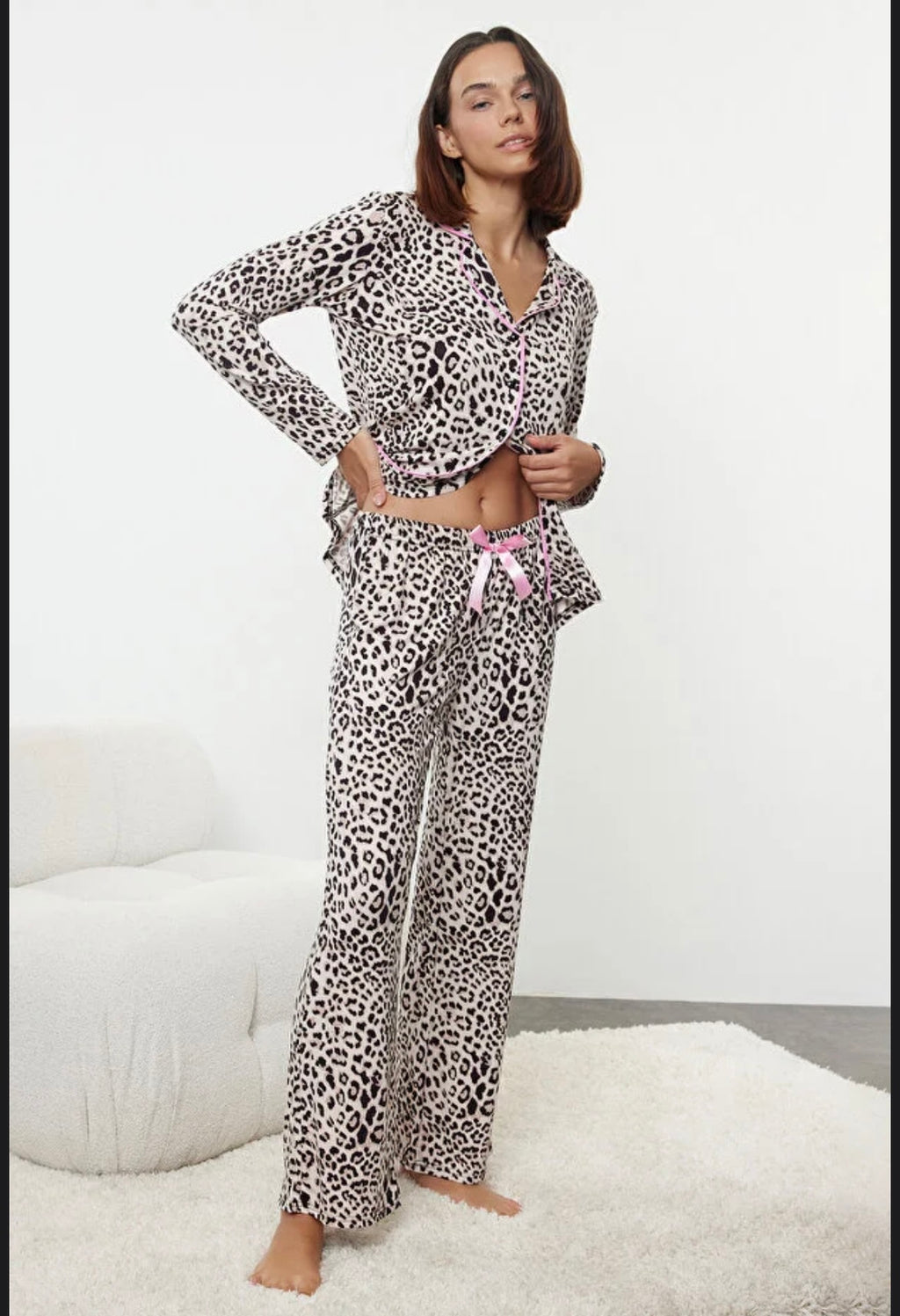 Leopard Print Ribbon/Bow Pajama Set