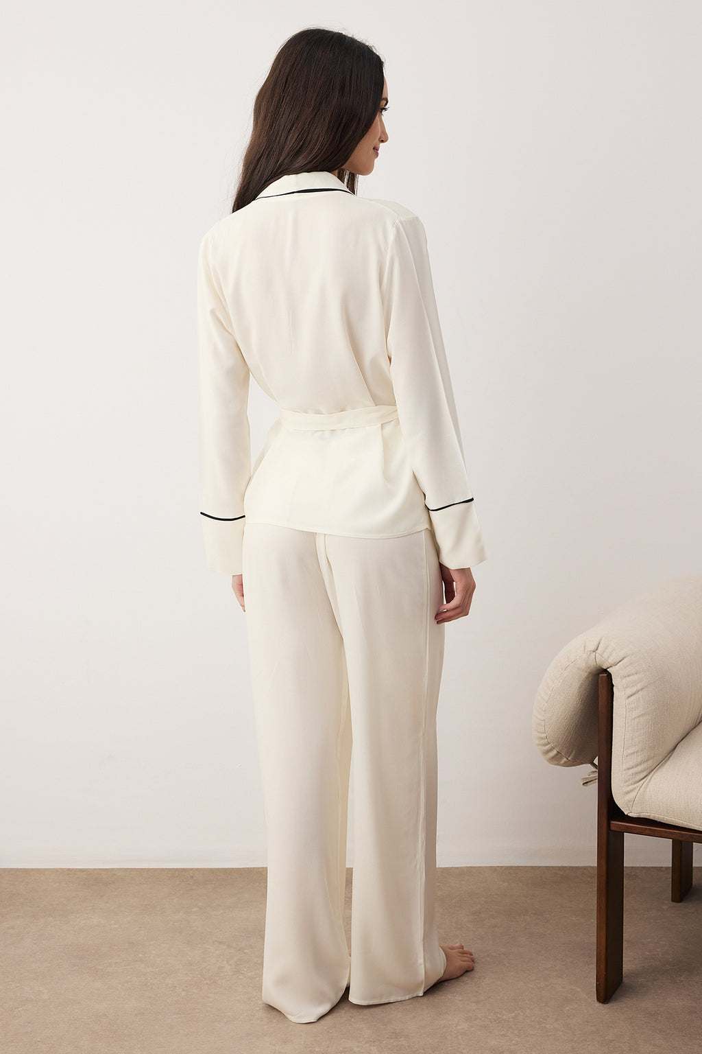 Beige Belted piping Detailed pyjamas set