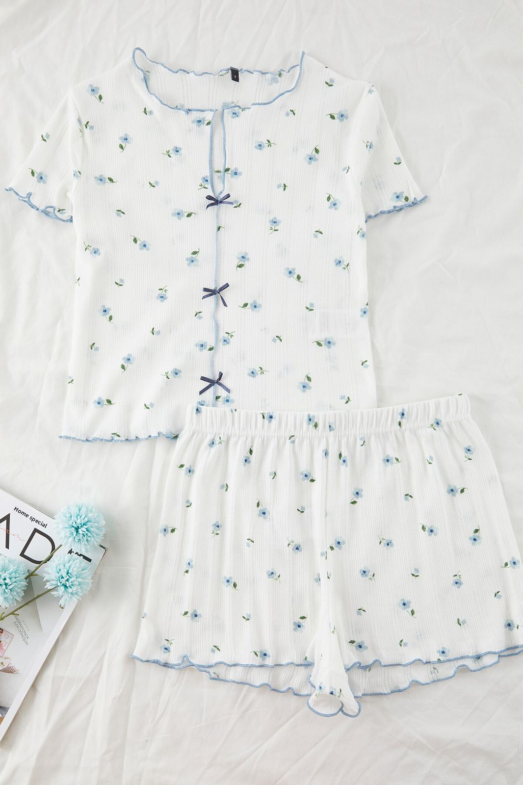White Blue Floral Short