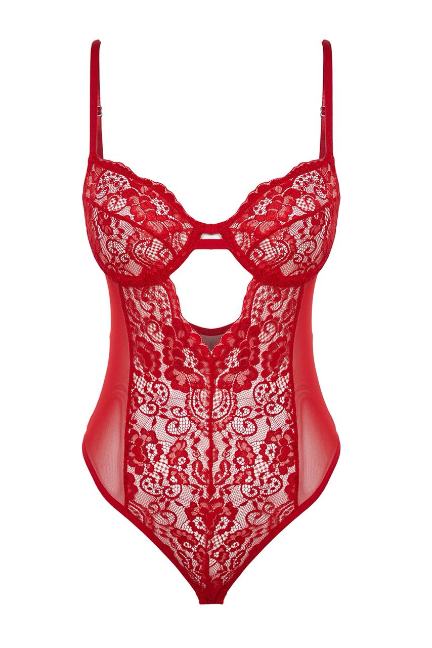 Red Cut-Out Lace Bodysuit