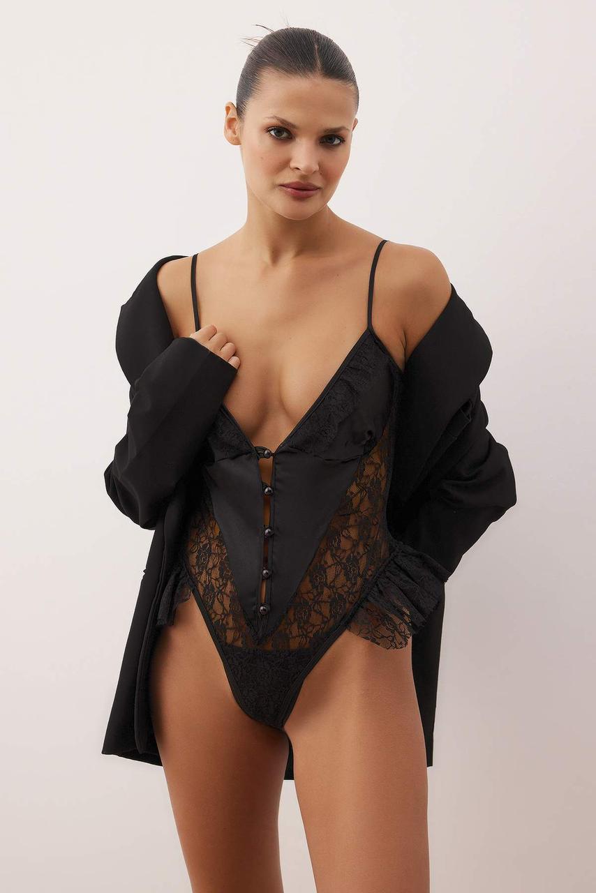 Black Lace and Satin Ruffled Bodysuit