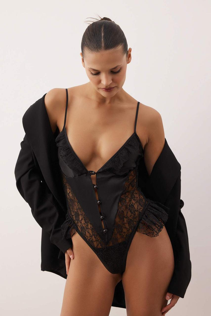 Black Lace and Satin Ruffled Bodysuit