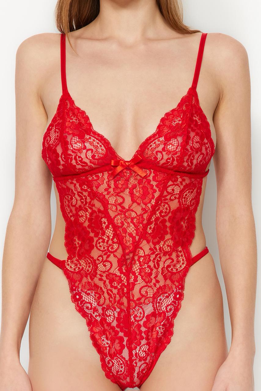 Red Lace String Strap Bodysuit