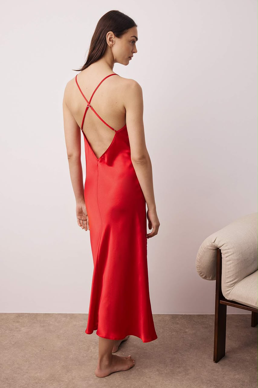 Red Satin Slit Nightgown
