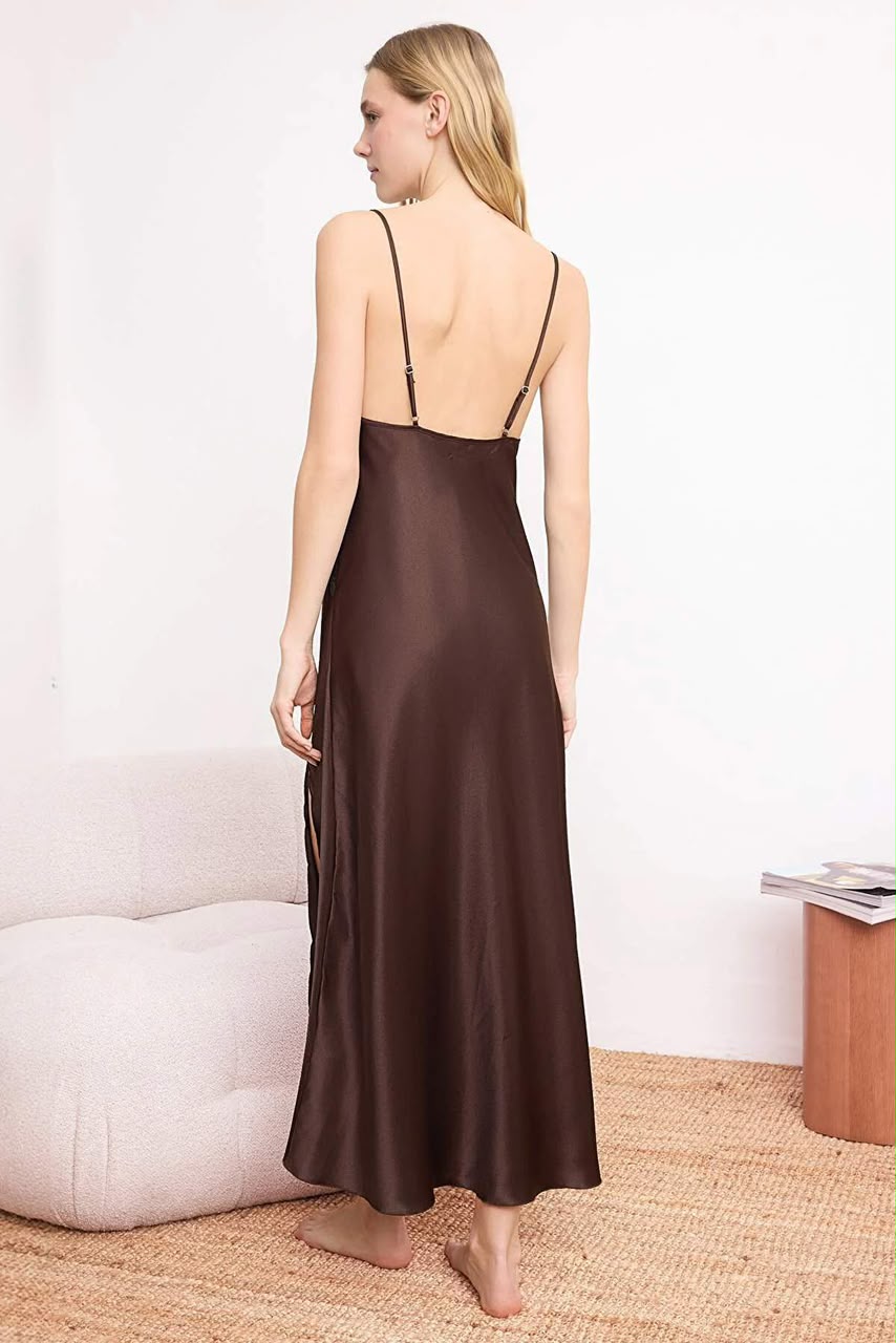 Brown Lace Slit Nightgown