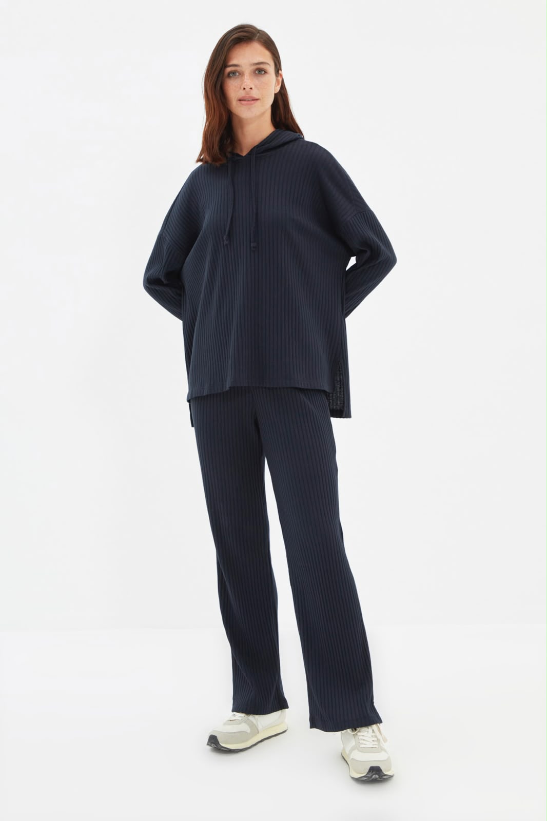 Navy Hooded Ribbed Knit