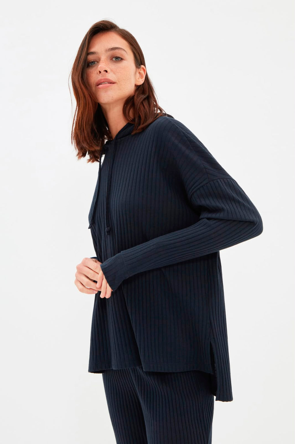 Navy Hooded Ribbed Knit