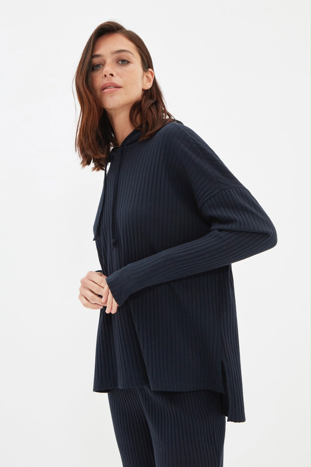 Navy Hooded Ribbed Knit