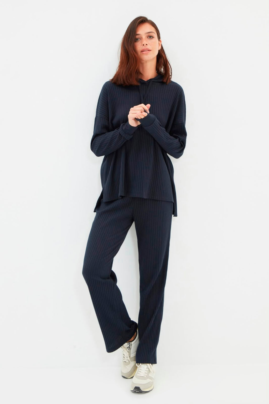 Navy Hooded Ribbed Knit