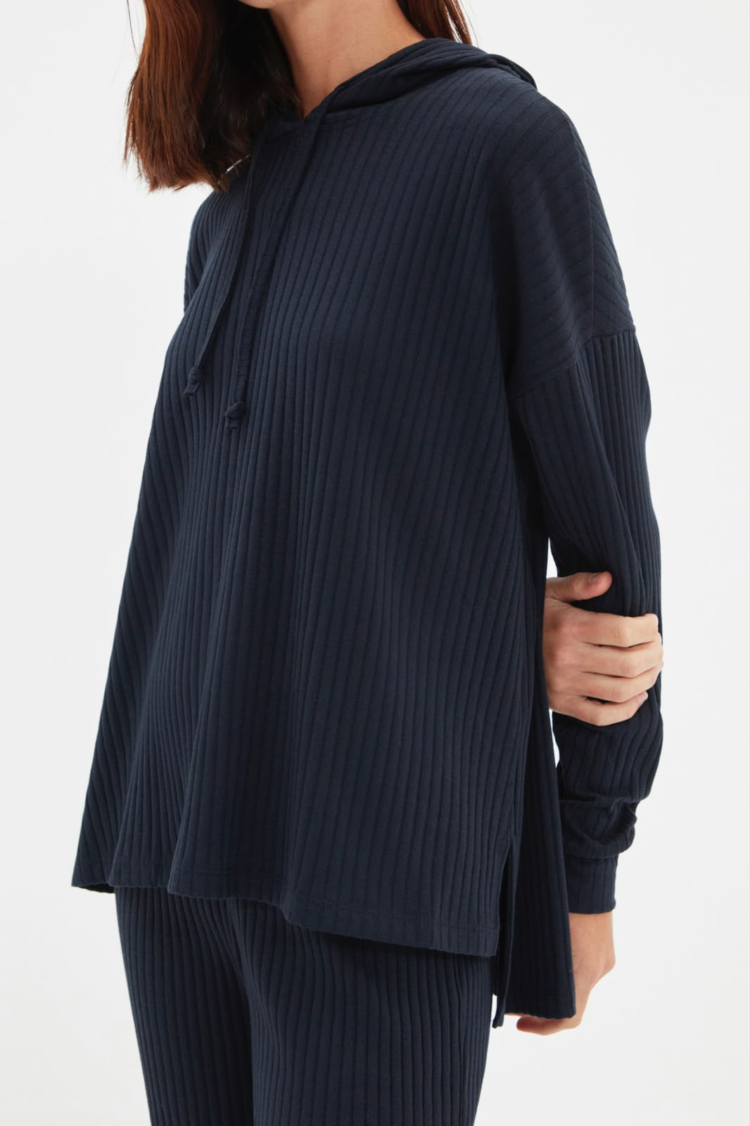Navy Hooded Ribbed Knit