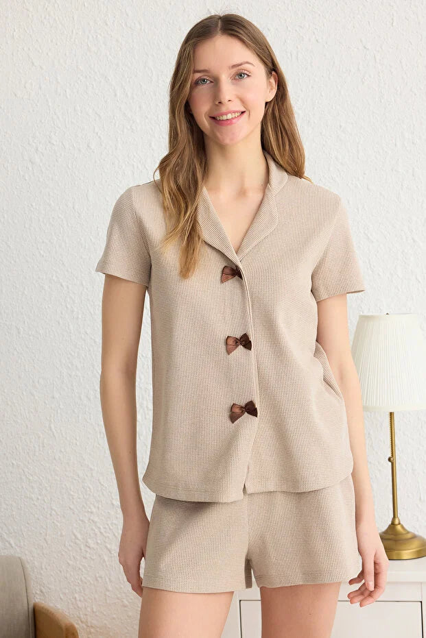 Beige Ribbon/Bow Detail Waffle Fabric