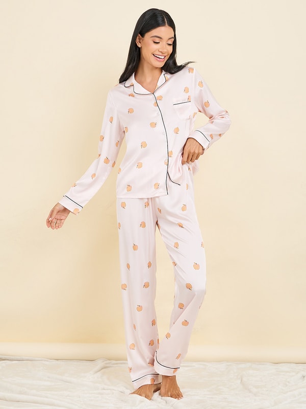 Peach Print Satin pjs Set