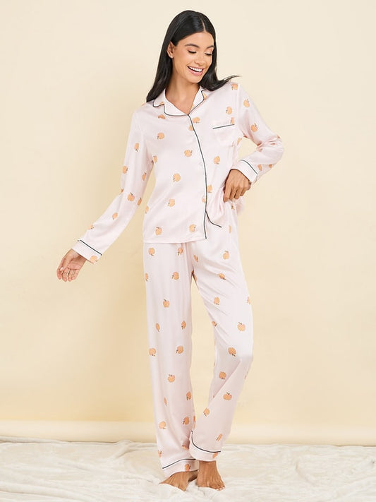 Peach Print Satin pjs Set