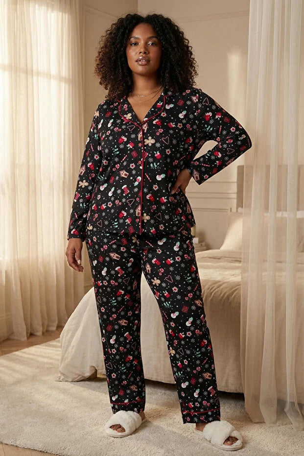 Themed Black Piping Pajama Set