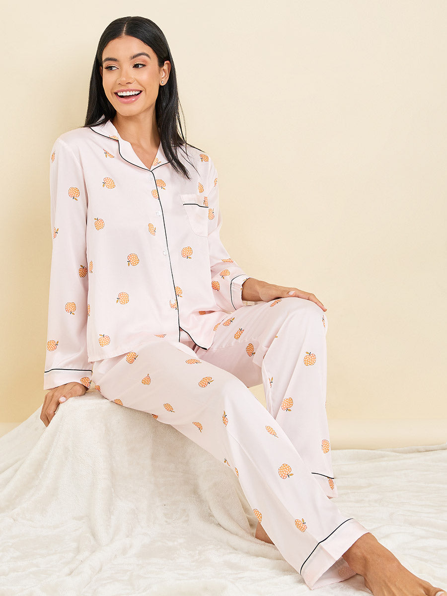 Peach Print Satin pjs Set