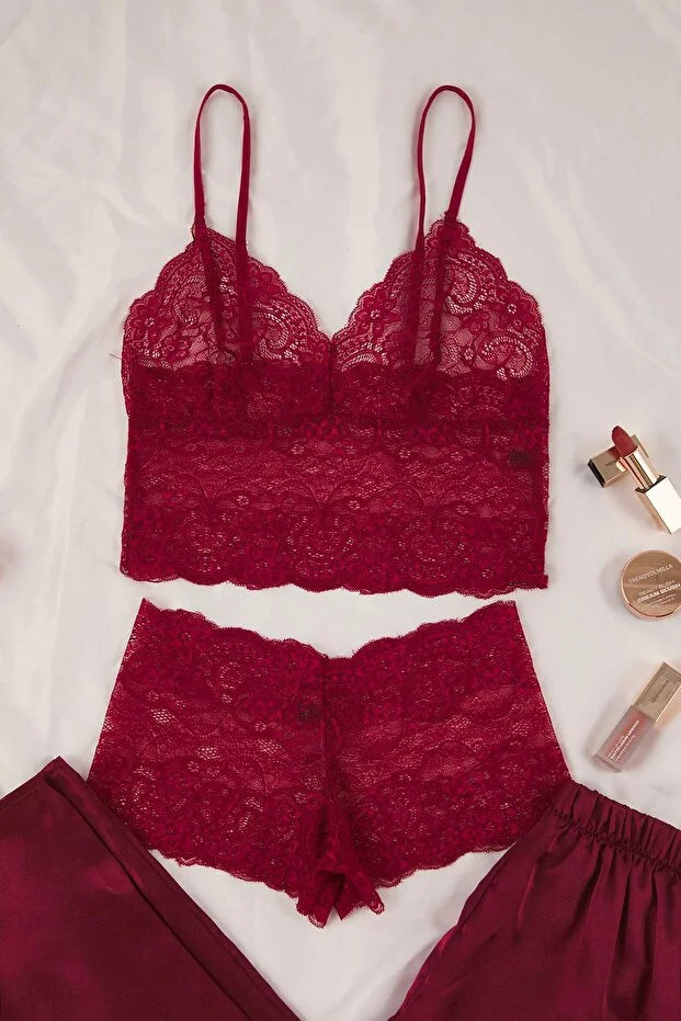 Burgundy 3-Piece Dowry Set Top Lace