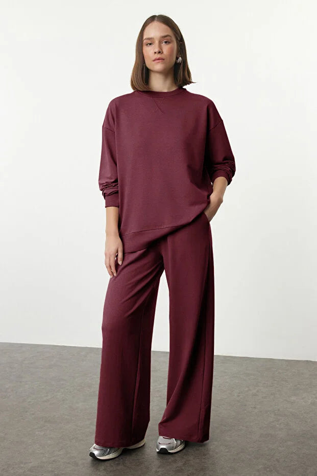 Burgundy Wide Leg Woven Tracksuit Set
