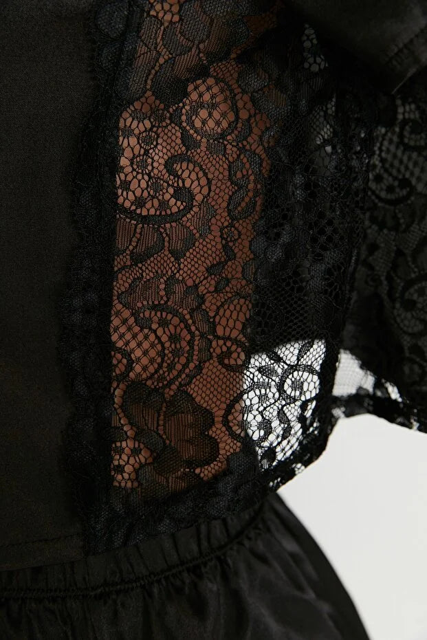Black Lace Satin Woven Pajamas Set