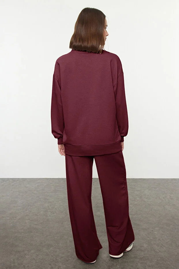 Burgundy Wide Leg Woven Tracksuit Set