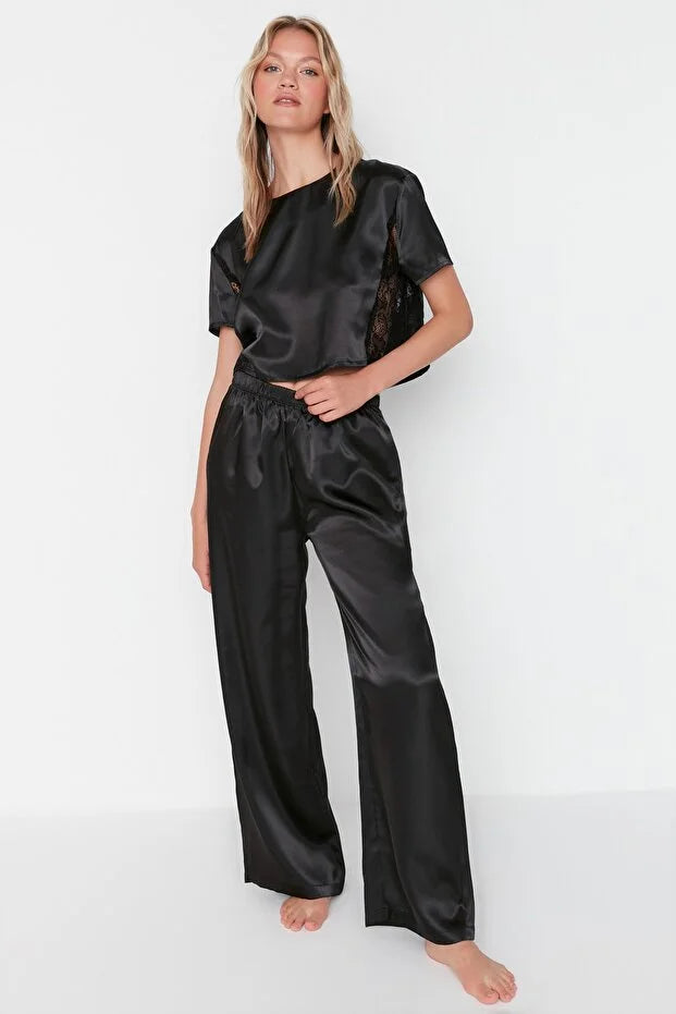 Black Lace Satin Woven Pajamas Set