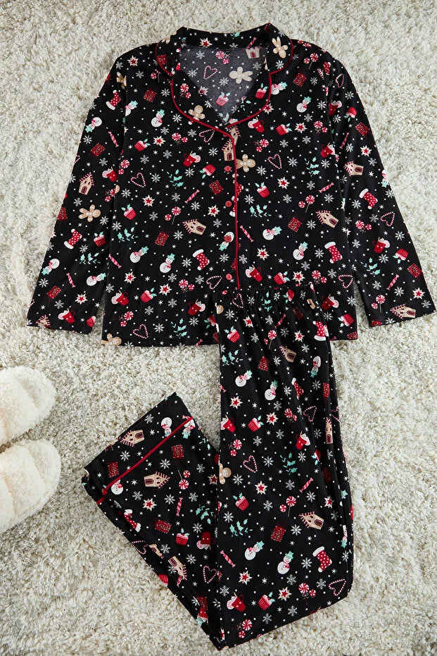 Themed Black Piping Pajama Set